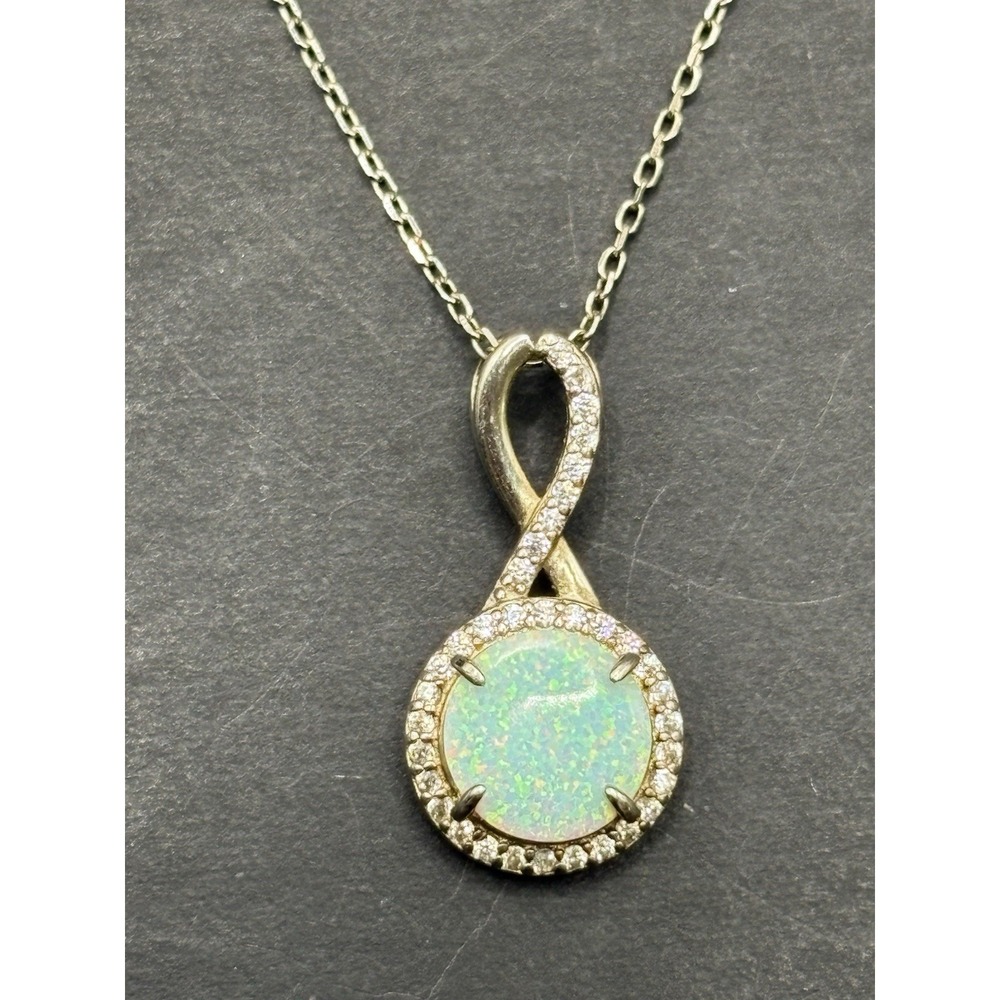 18" Sterling Silver Lab Opal Pendant Necklace 925 H14